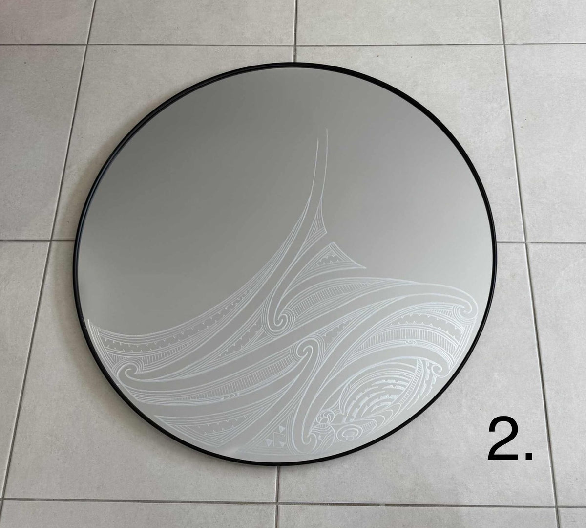 Hori.Inc 80cm round mirror, hand-engraved Māori and Pasifika design 4