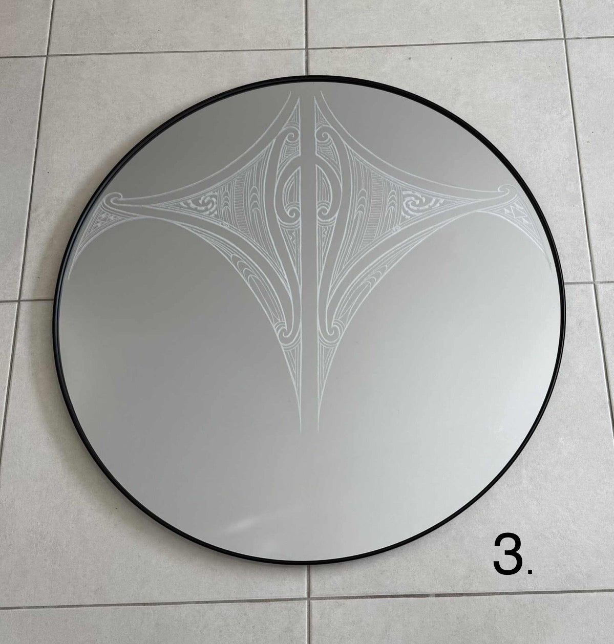 Hori.Inc 80cm round mirror, hand-engraved Māori and Pasifika design 3