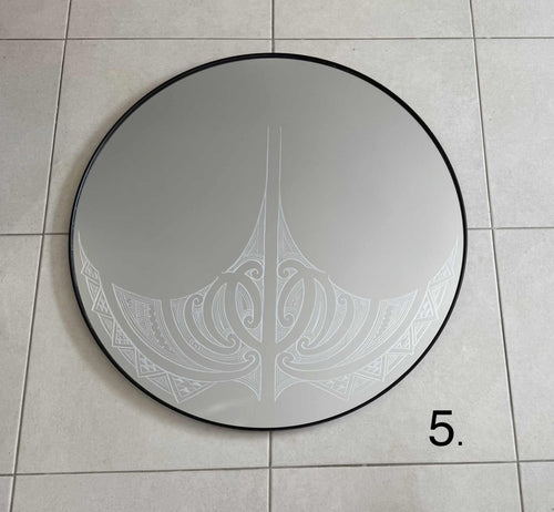 Hori.Inc 80cm round mirror, hand-engraved Māori and Pasifika design 1