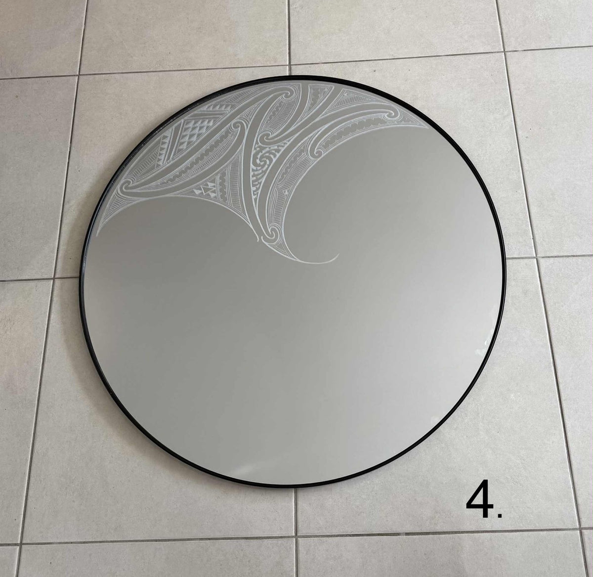 Hori.Inc 80cm round mirror, hand-engraved Māori and Pasifika design 2