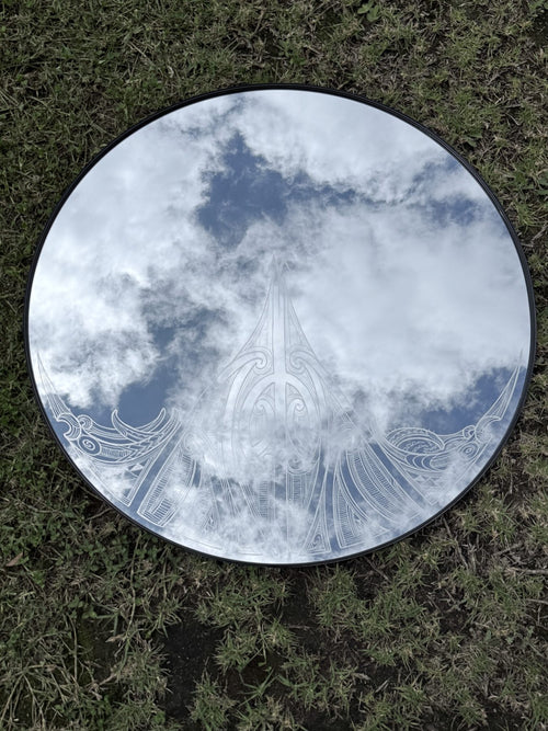 Hori.Inc Kaitiaki Mirror, round mirror with hand-engraved Māori design