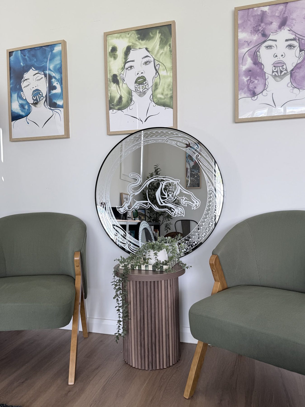 Hori.Inc Panther Mirror styled in a lounge room