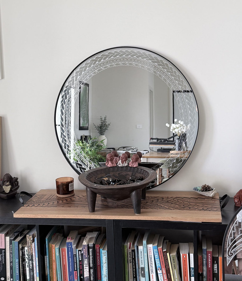 Hori.Inc Samoan Mirror styled above a sideboard