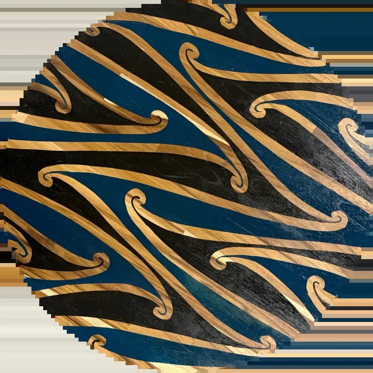 Hand-painted Māori kōwhaiwhai platter in moana blue, black and timber by Hori.Inc