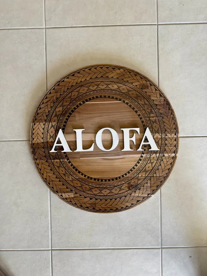Pasifika timber name board reading ALOFA