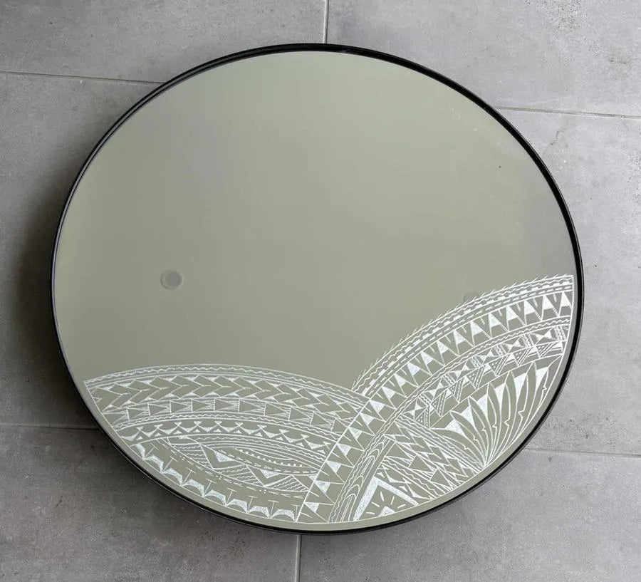Hand-engraved Pasifika mirror, 80cm round